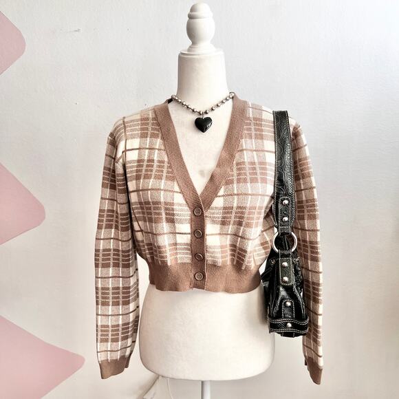 Brown Plaid Cardigan Cottagecore Academia Retro Preppy Vintage Inspired Large - Picture 1 of 6